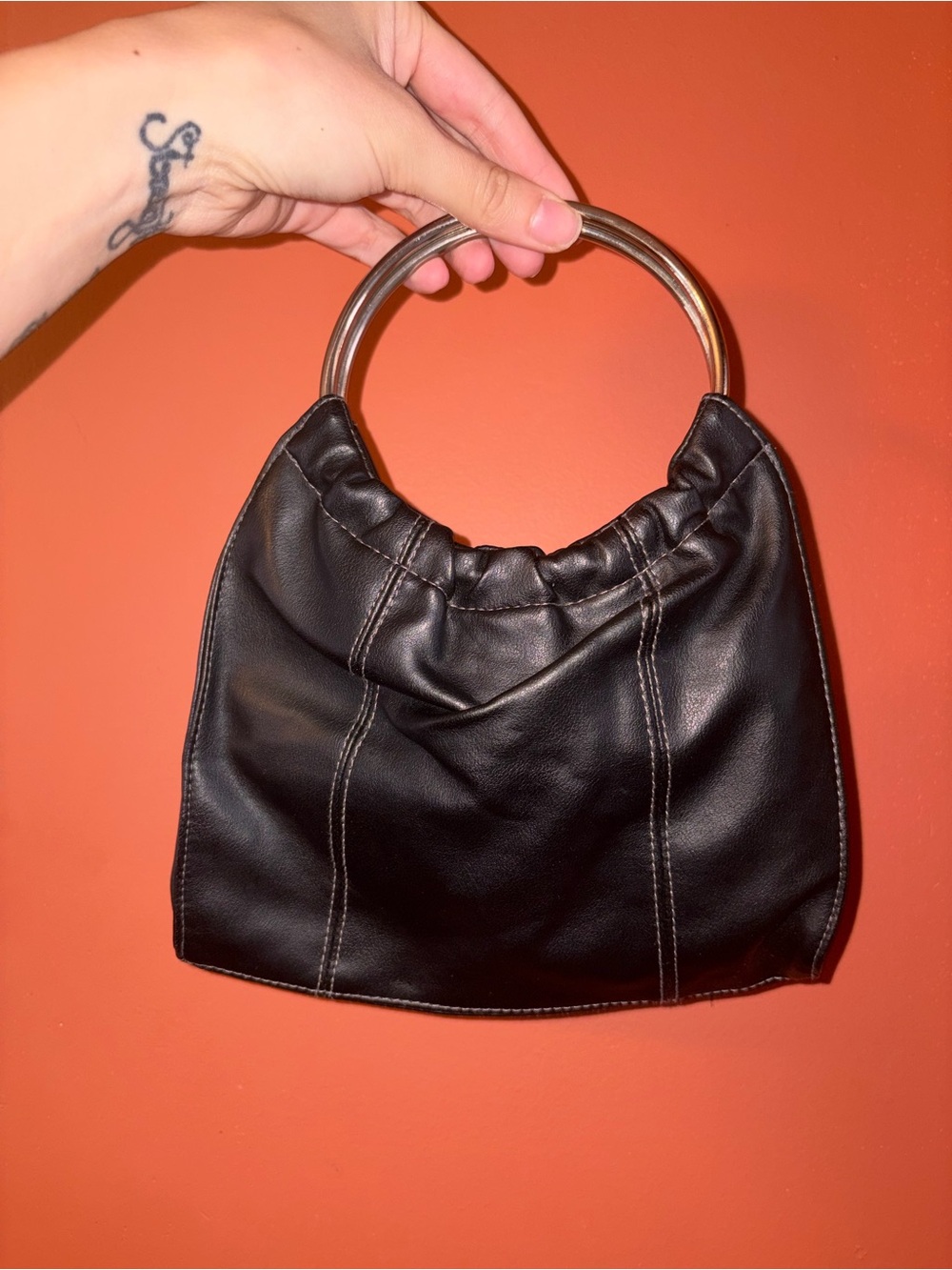 Giannini Structured Black Faux Leather Mini Bag with Metal Ring Handles